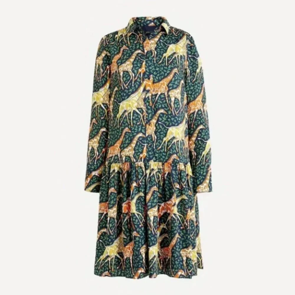 J.CREW Shirtdress in Giraffes Novelty Print Dress Long Sleeve S Navy Saffron